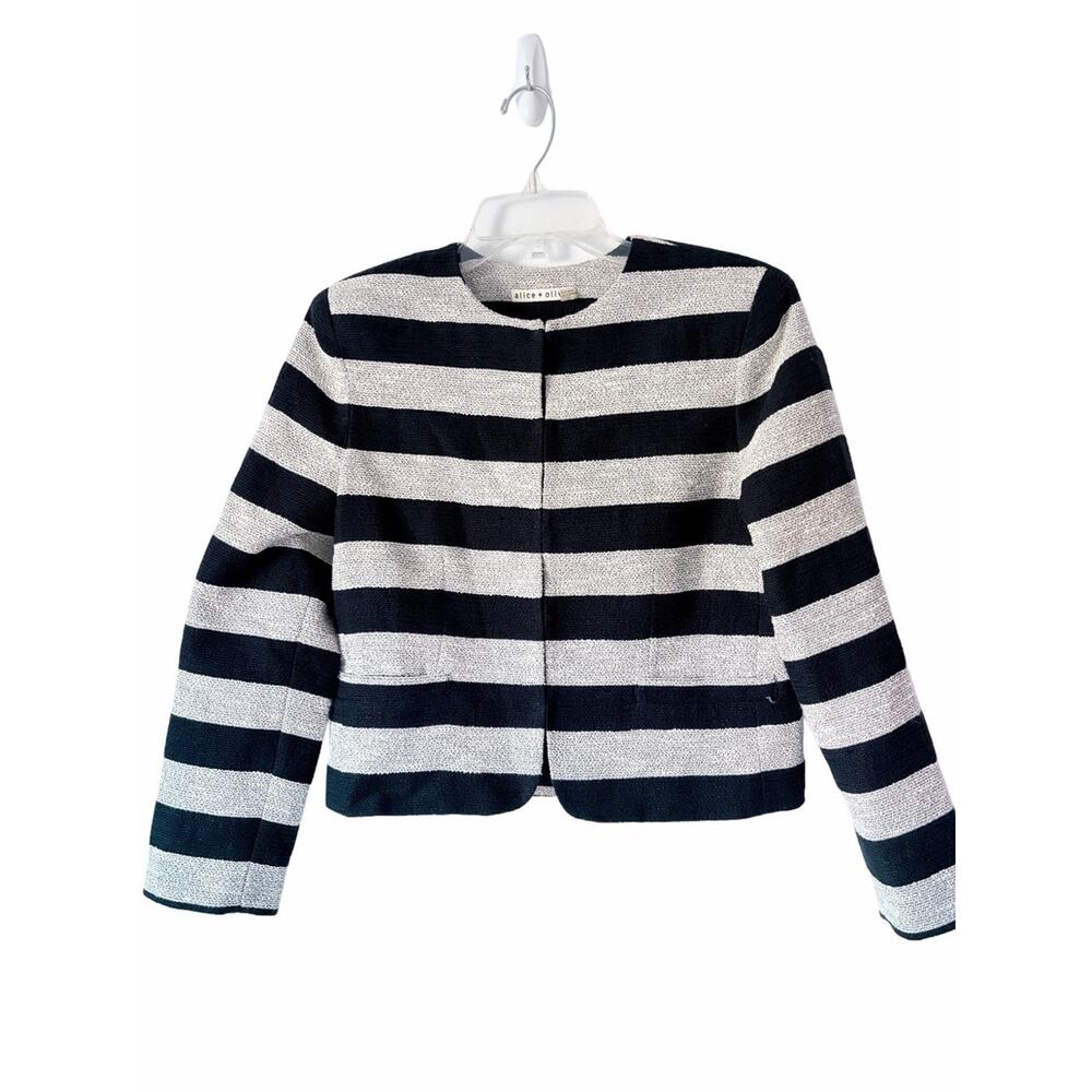 Alice + Olivia Textured Black Cream Silver Thread Horizontal Stripe Crop Jacket - Picture 3 of 10
